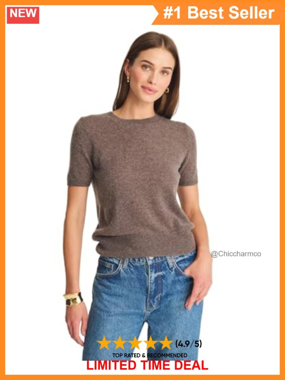 100% Cashmere Short Sleeve Pullover Sweater Crew Neck Lightweight